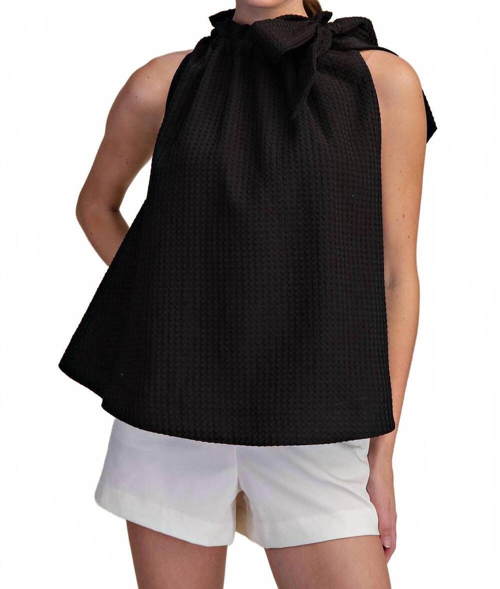 NEW GLAM ruffle neck tie sleeveless top in black
